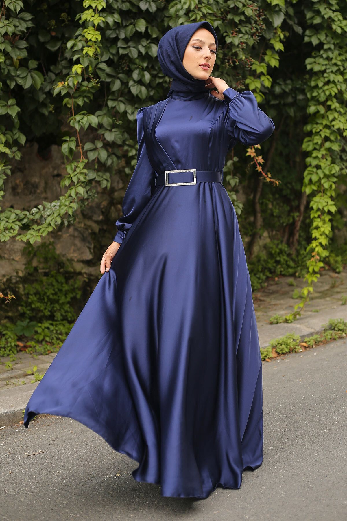 majButik Navy Blue One Shoulder Padded Satin Hijab Evening Dress