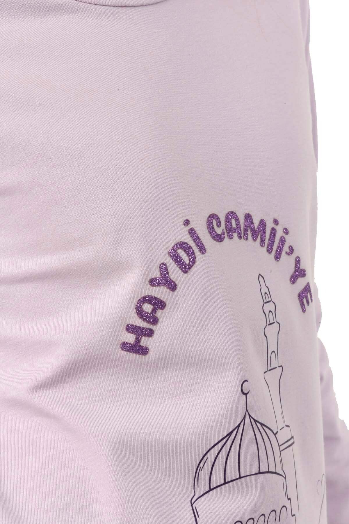 Kız Çocuk Uzun Kollu Bisiklet Yaka "Haydi Camiye"  Baskılı Tişört Mevsimlik Pamuklu