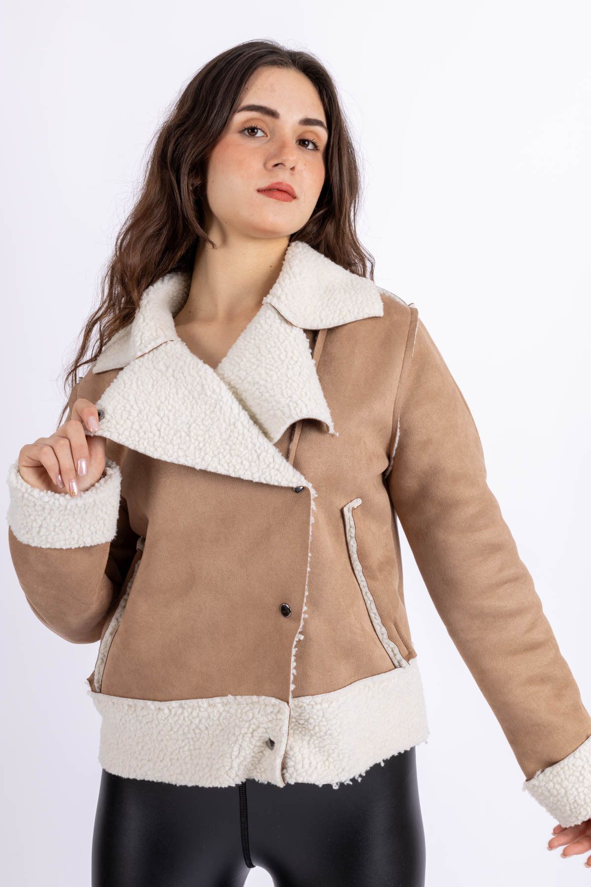 FV-Double Breasted Collar Plush Women's Coat with Snap Buttons Fur Coat Black-White, Tan-White 5