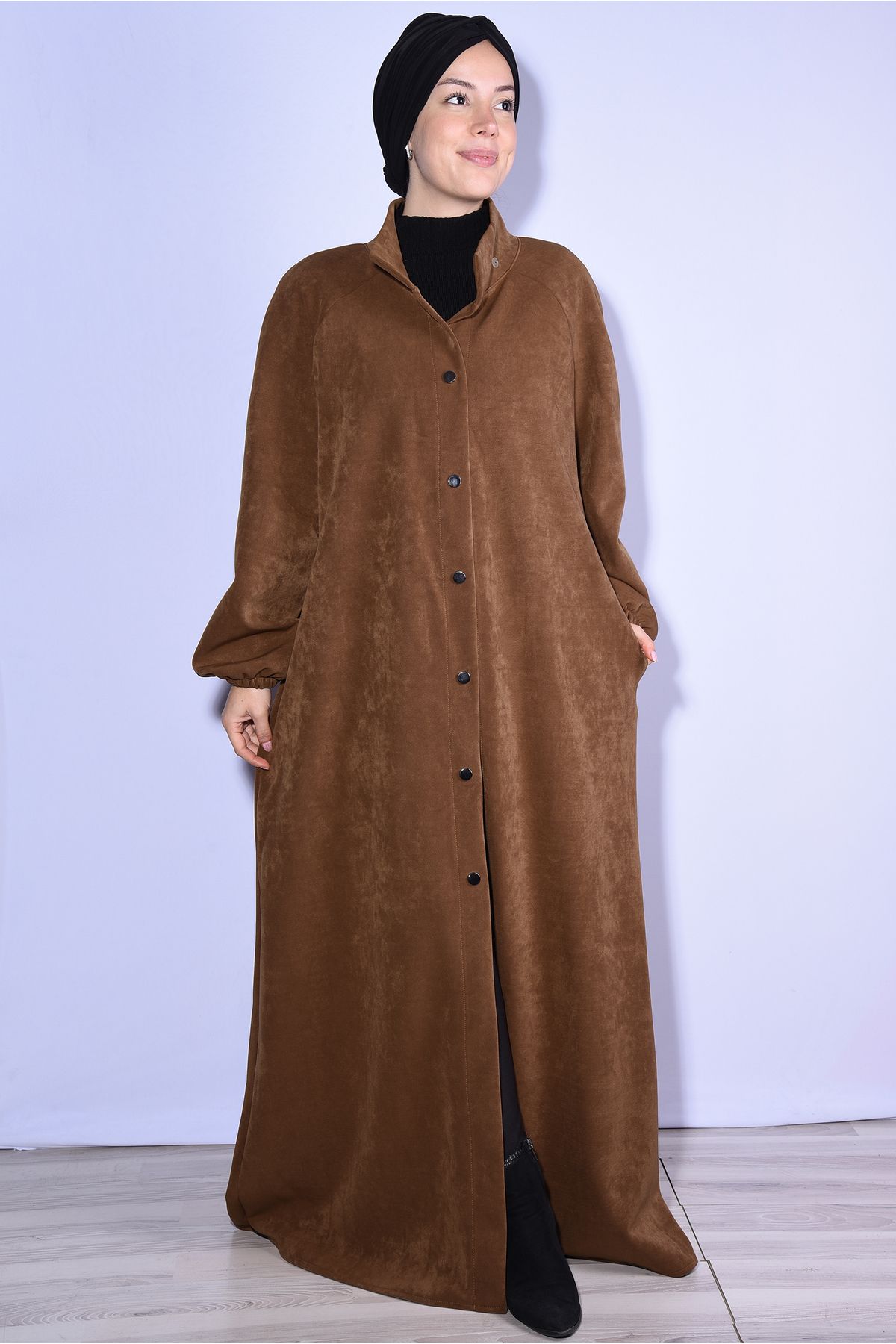 Nowa Scarf Çıtçıtlı Modal Kumaş Şapkası Düğmeli Pardesü Kaban Kahverengi