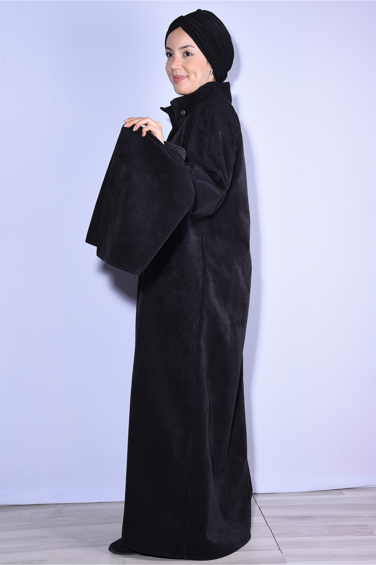 Nowa Scarf  Siyah Modal Kumaş Şapkası Düğmeli Cepli Pardesü Kaban - Görsel 5