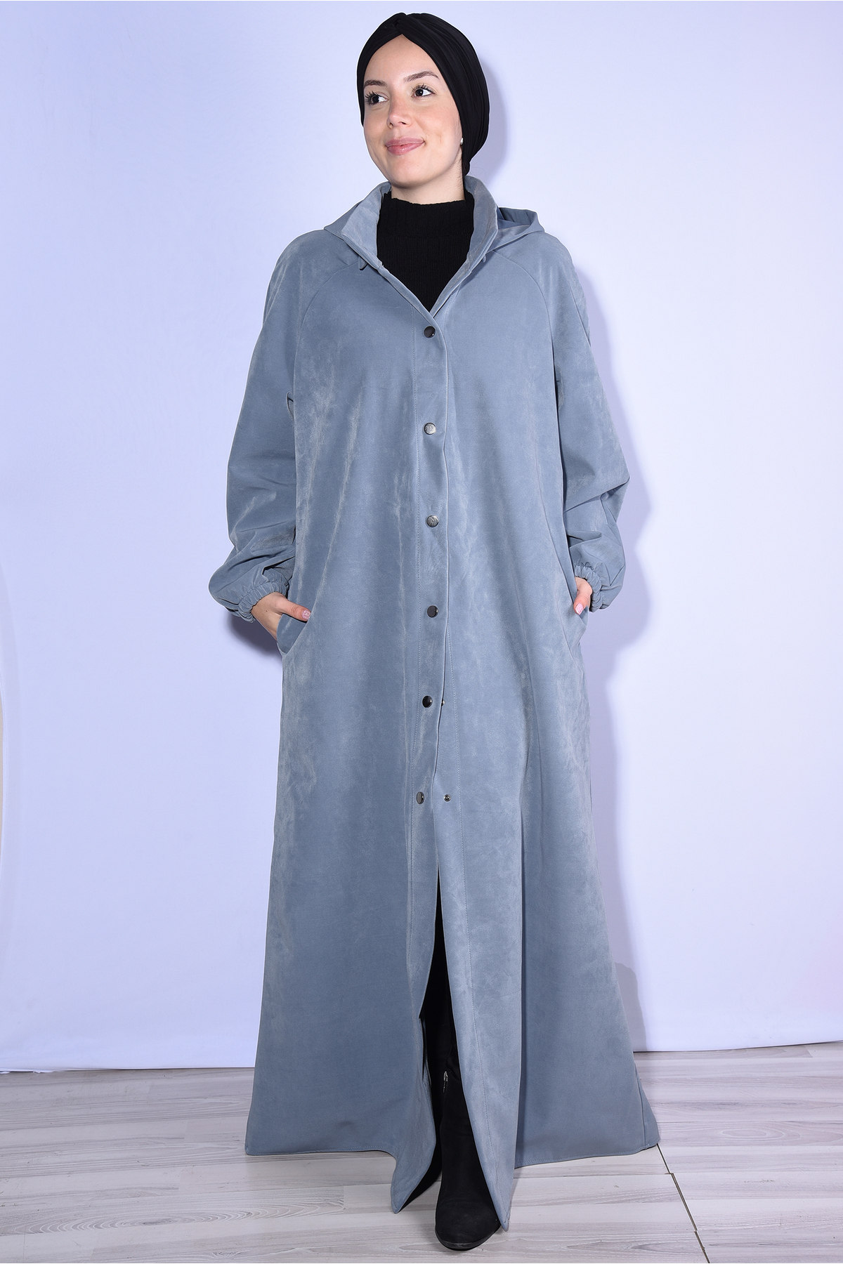 Nowa Scarf  Modal Kumaş Şapkası Düğmeli Cepli Pardesü Kaban Kot Mavisi - Görsel 2