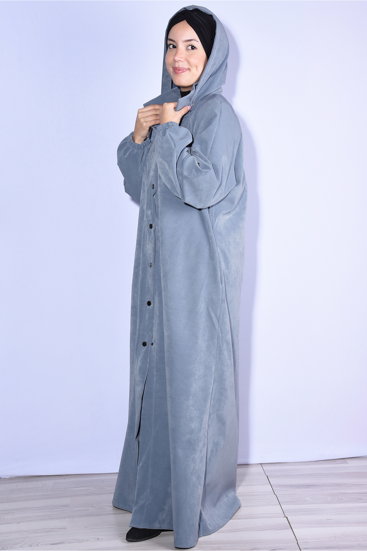 Nowa Scarf  Modal Kumaş Şapkası Düğmeli Cepli Pardesü Kaban Kot Mavisi - Görsel 3