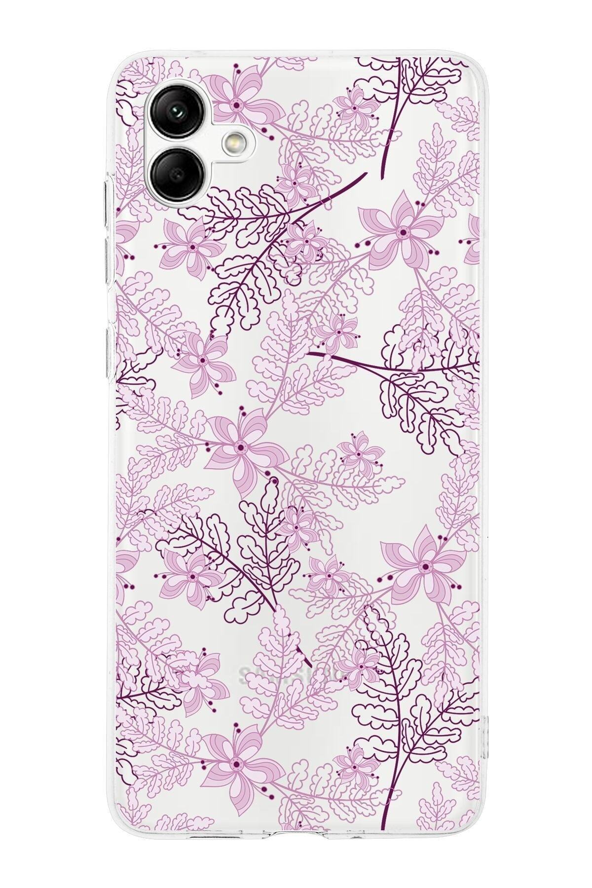 Samsung Galaxy A05 Kamera Korumalı Kapak Floral Pudra Tasarımlı Şeffaf Kılıf