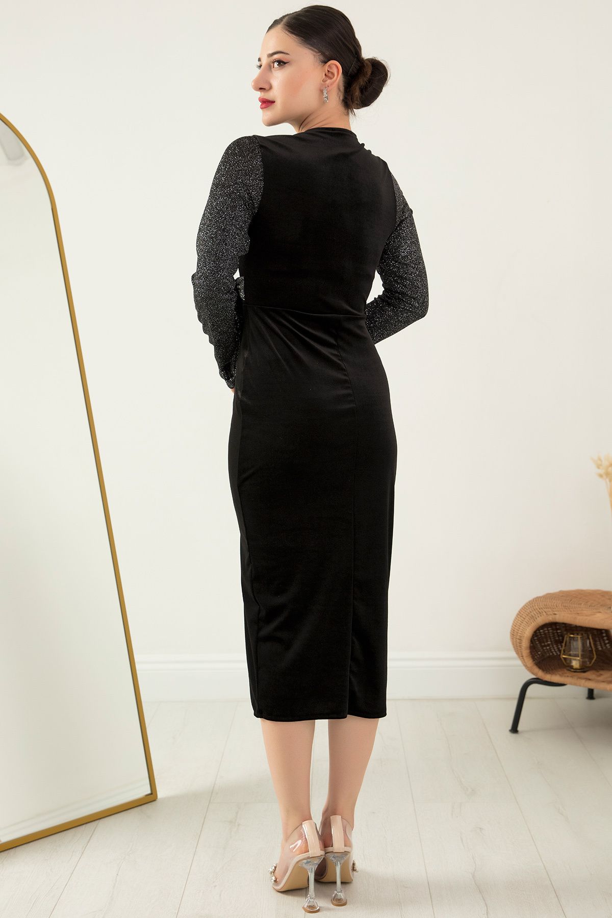 PULLIMM-Rochie din catifea cu detaliu din țesătură lurex GRS3322 6