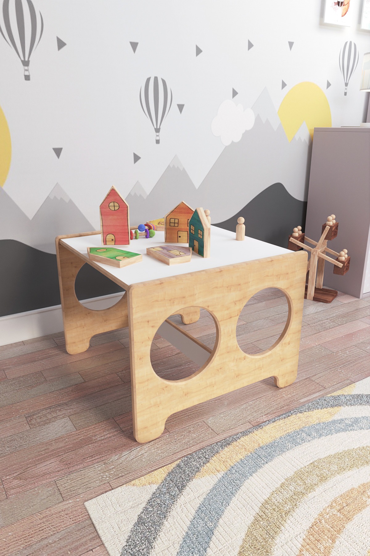 zeo wood design Montessori Çocuk Oyun & Aktivite & Çalışma Masa Ve 2 Sandalye fotoğrafı 3 (önizleme)