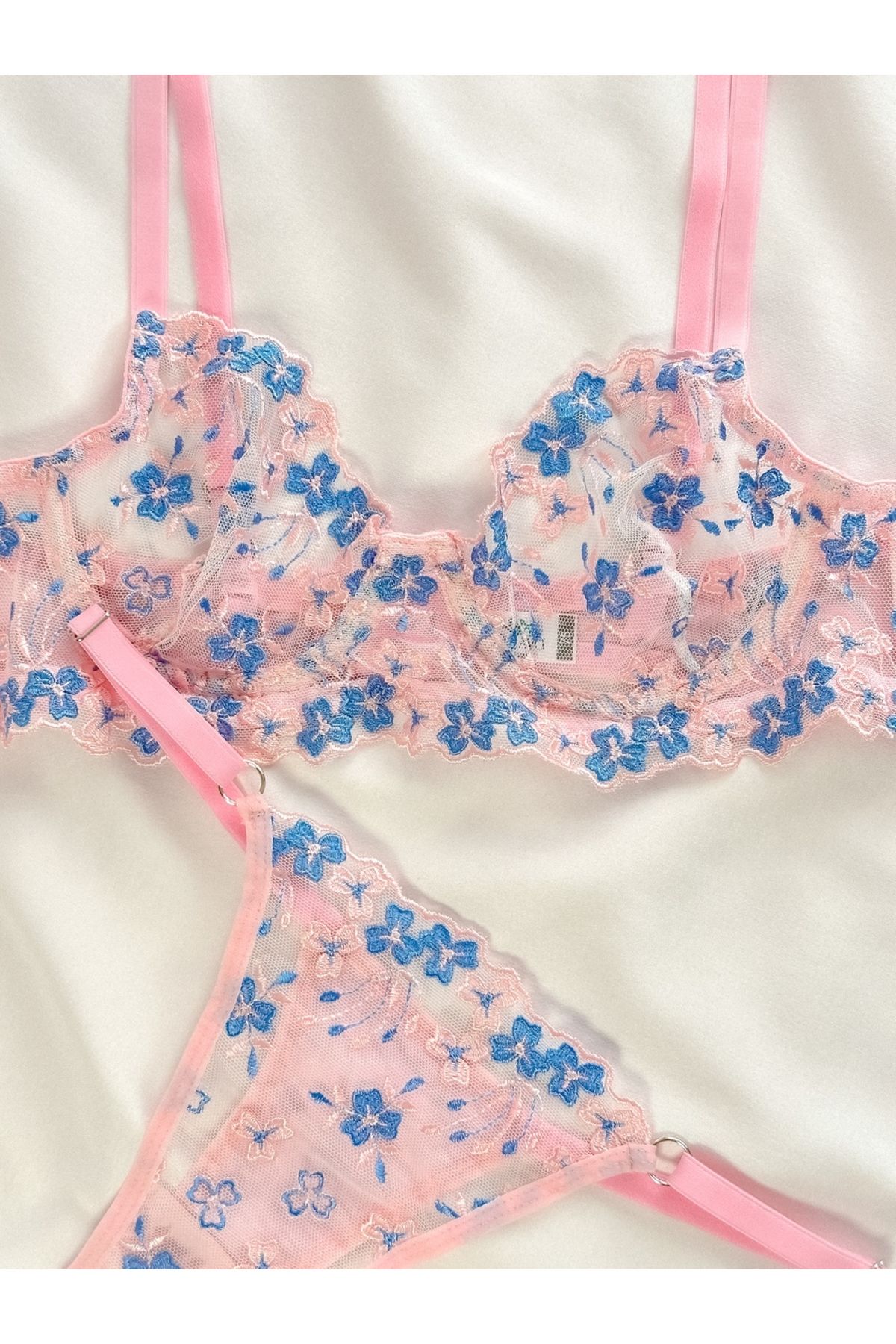 Arinda-Set de lenjerie intima cu sârmă Azalea, fără cupă, cu broderie florală, roz albastru 4