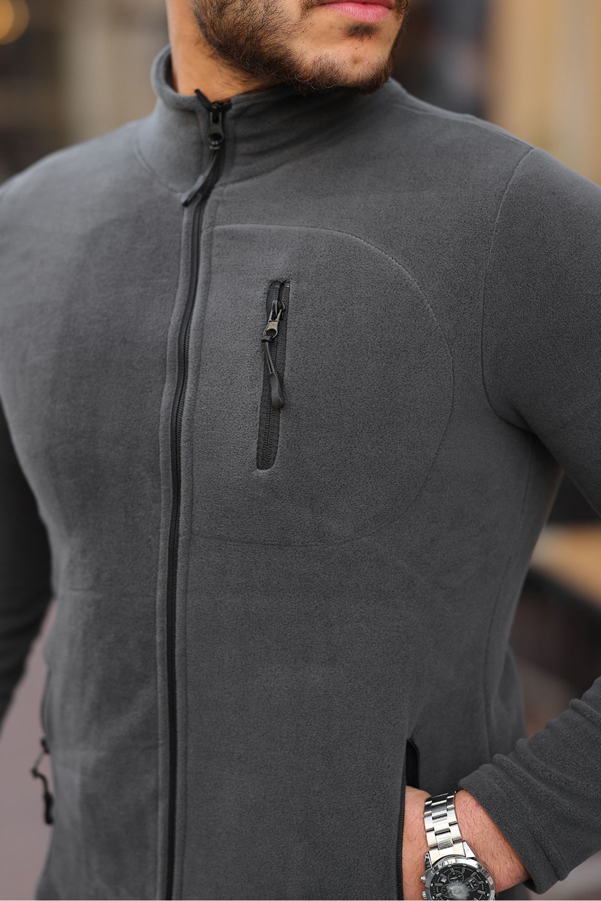Kozik-Anthrazitfarbene Softshell-Herren-Fleece-Standardform mit durchgehendem Reißverschluss und 3 Taschen. Herren-Fleece-Cardigan 6
