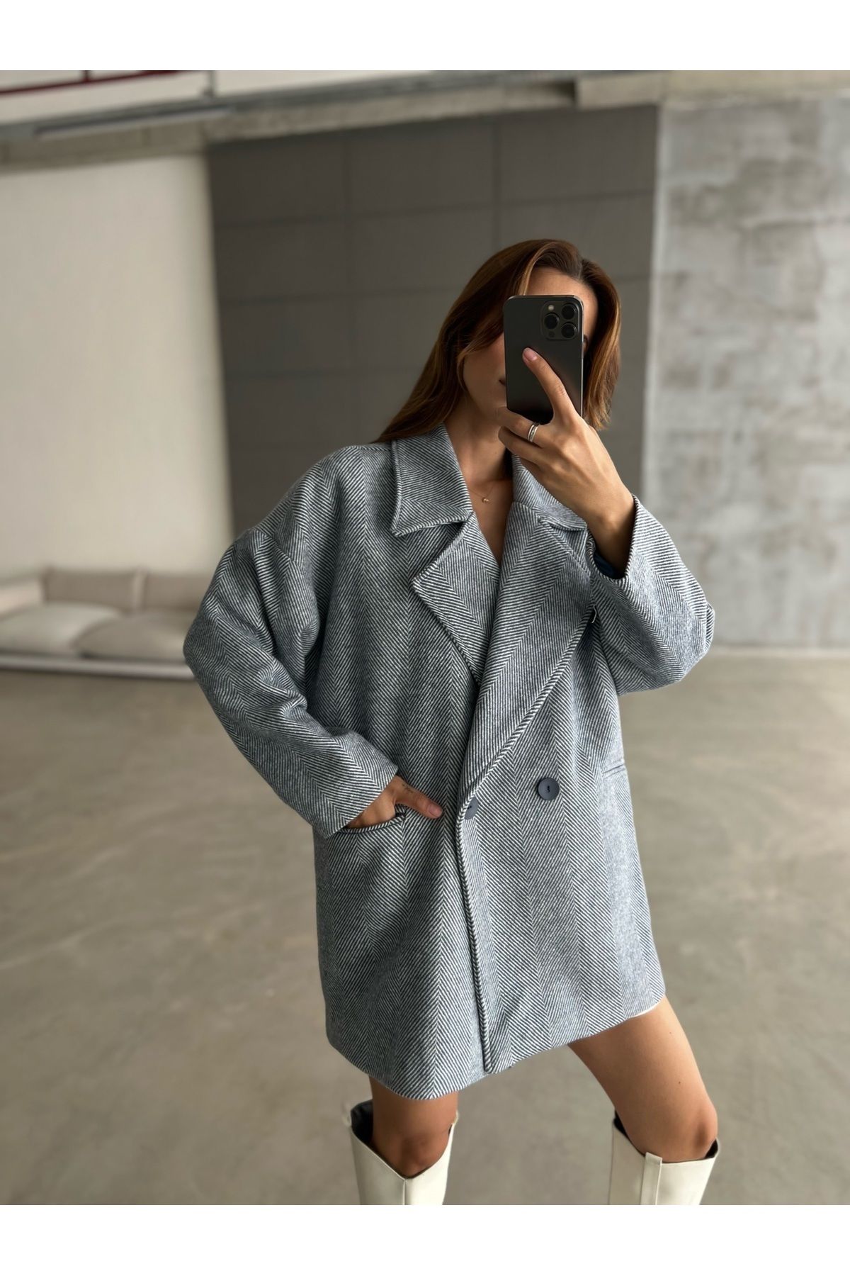 Laluvia Blue 1st Class Quality Herringbone Oversize Cashmere Coat