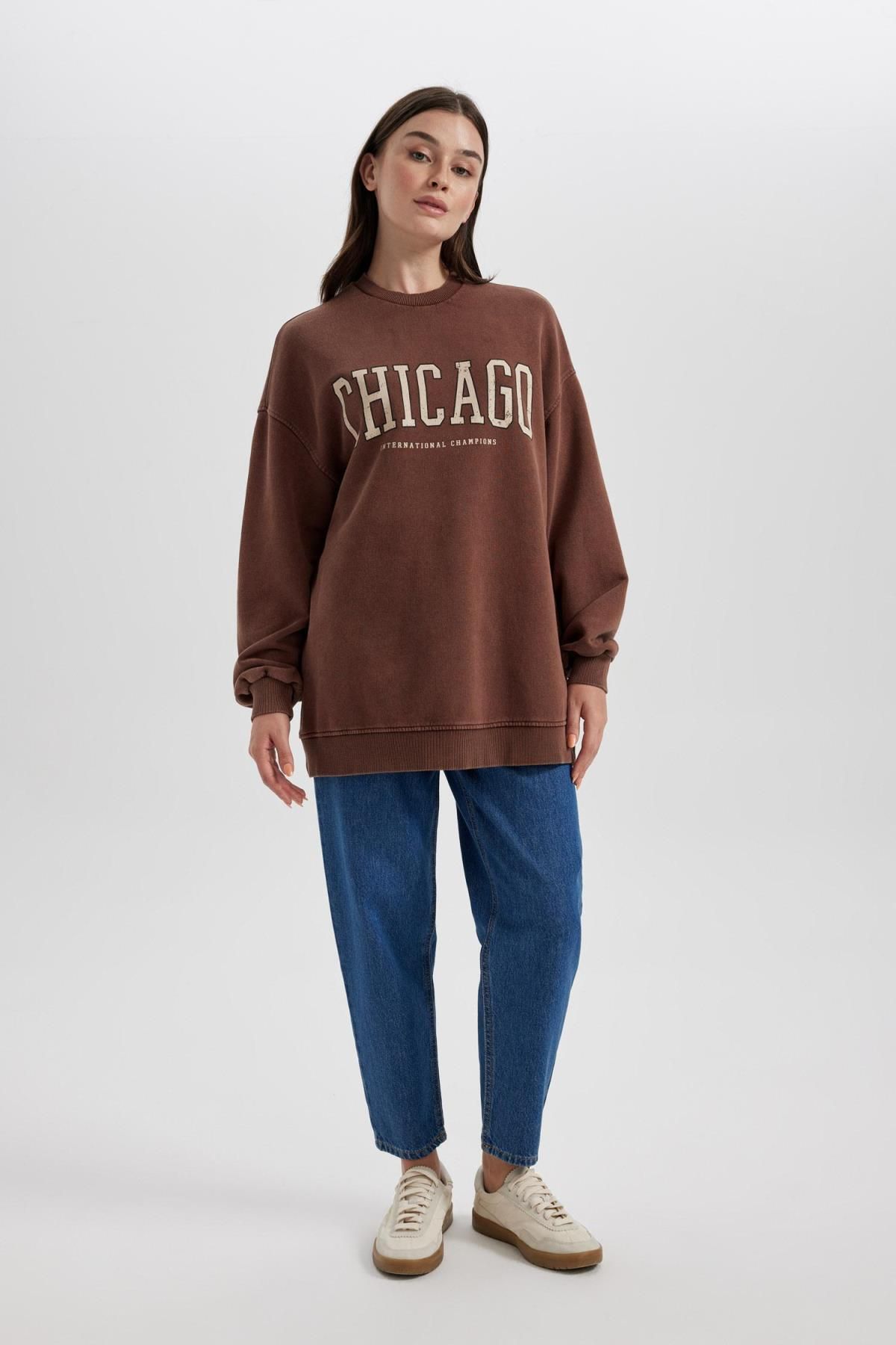 Defacto Crew Neck Printed Soft Fuzzy Sweatshirt Tunic Trendyol