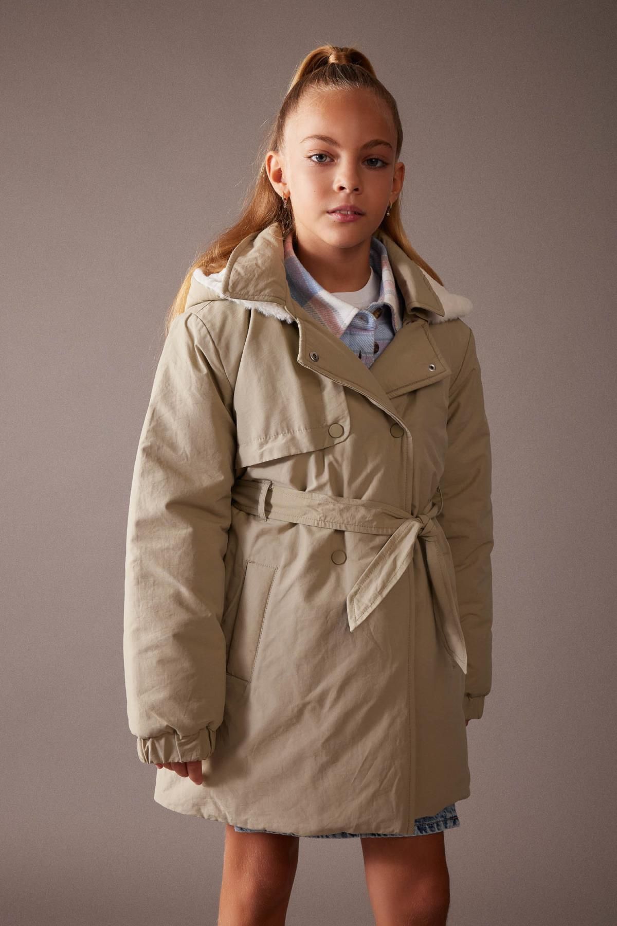 Defacto Girl s Water Repellent Faux Fur Lined Hooded Belted