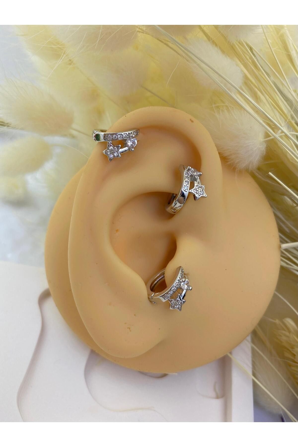 zirkon taşlı yıldız detay kıkırdak tragus lobe rook uyumlu 1 adet halka piercing