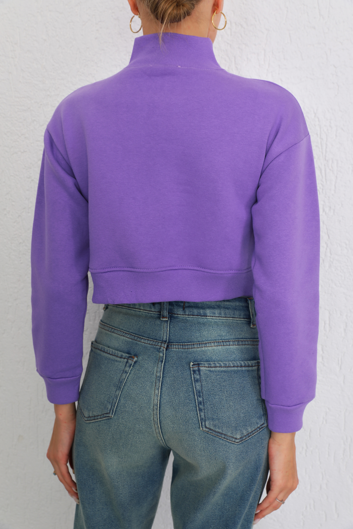Kadın Lila Fermuarlı Kalın İçi Polarlı Örme Sweatshirt Crop 7