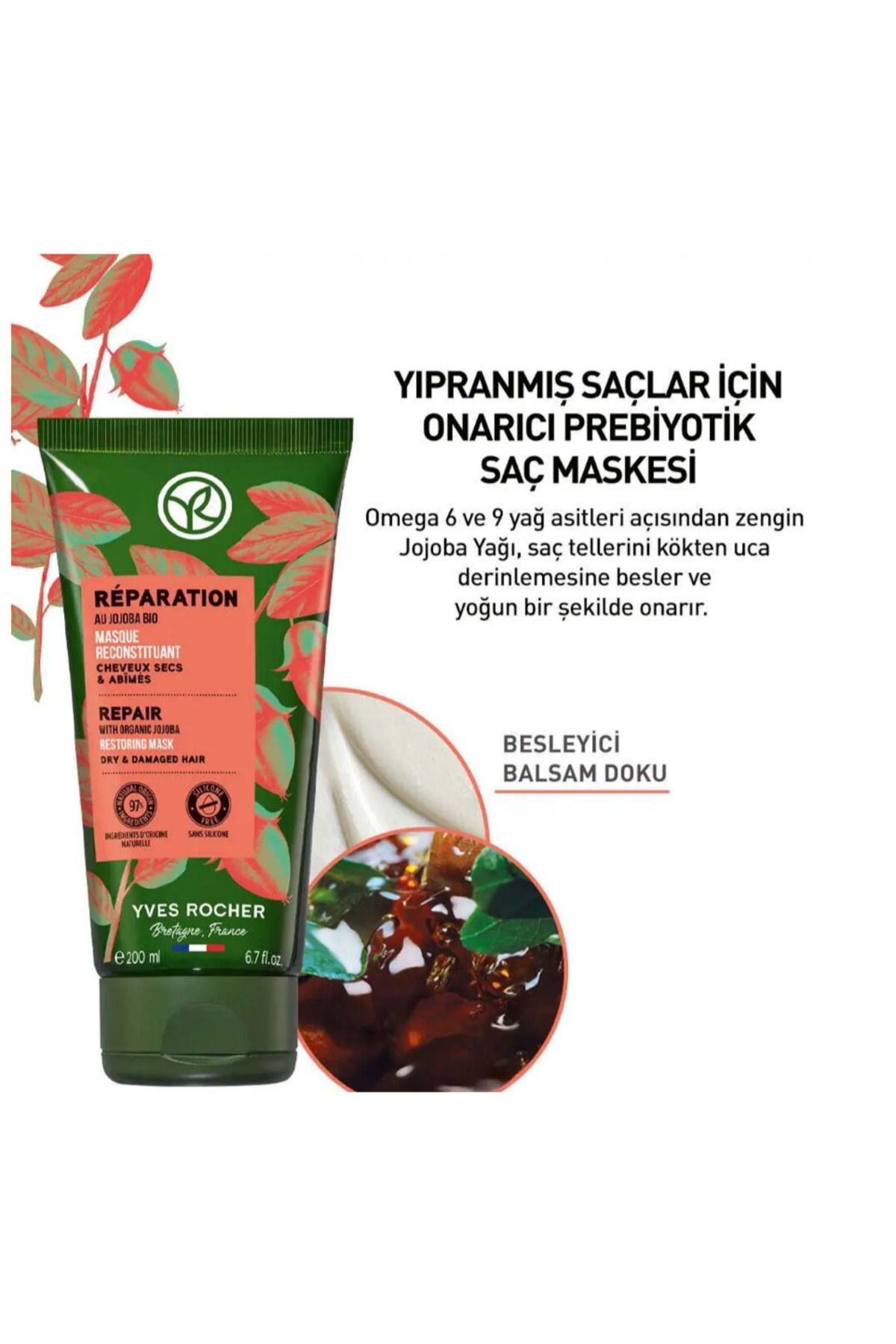 Yves Rocher-Prebiotic Hair Mask Damaged Hair Reparation Organic Jojoba Oil Omega 6 & 9 and Agave 200 ml 3