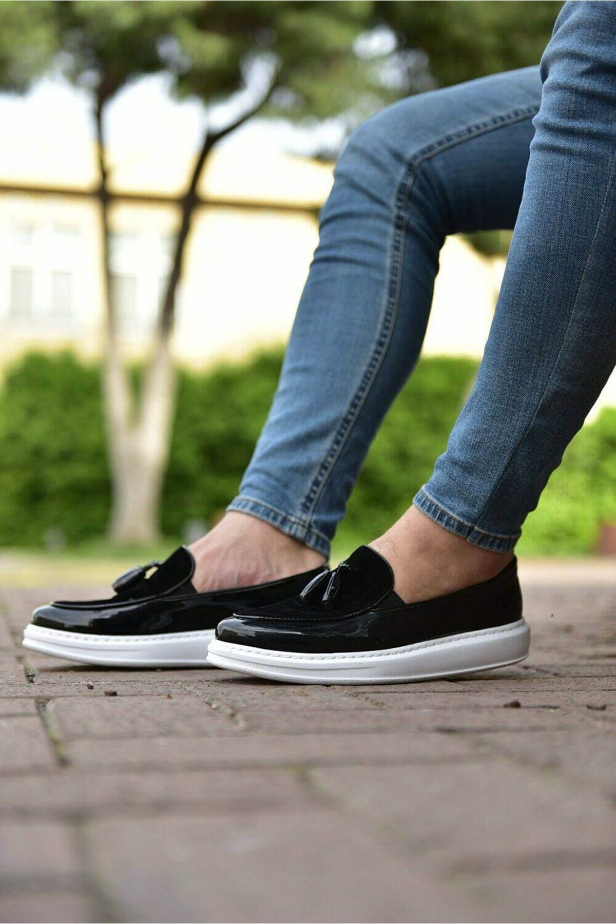 Patent leather shoes with jeans top