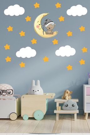 Uyuyan Ayıcık Yıldızlar ve Bulutlar Dekoratif Bebek Çocuk Odası Duvar Sticker 74982