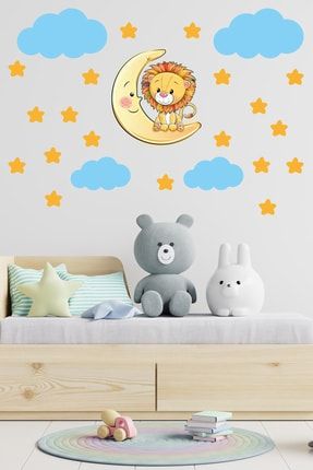 Sevimli Aslan Sarı Yıldızlar Ve Mavi Bulutlar Dekoratif Bebek Çocuk Odası Duvar Sticker 75358