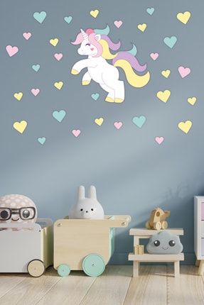 Unicorn Ve Renkli Kalpler Bebek Ve Çocuk Odası Duvar Sticker 75139