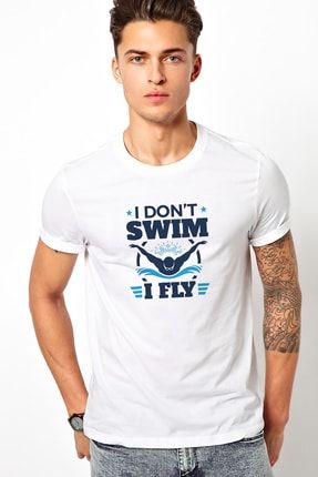 I Dont Swim I Fly Baskılı Beyaz Erkek Örme Tshirt RF0358-ERKTS