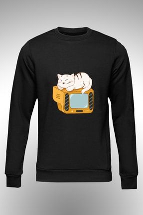 By Okat Yumakla Oynayan Kedi Baskili Kapsonlu Sweat Trendyol