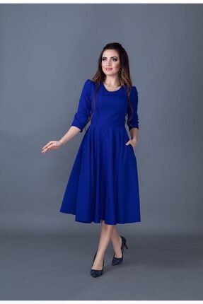 Kadın Saks Mavi Midi Boy Cep Detaylı V Yaka Elbise BDE-257-SAX