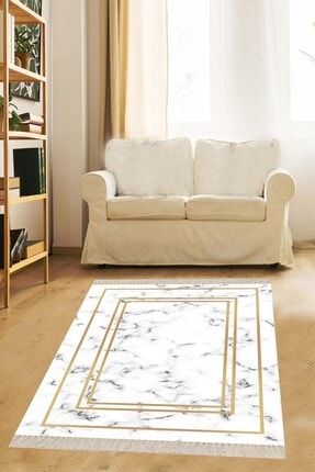 Beyaz Zemin Gold Çerçeveli Mermer Desenli Dijital Baskı Yıkanabilir Modern Salon Halı Ve Yolluk MEG609