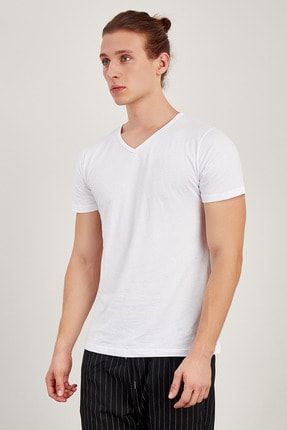 Erkek Beyaz V Yaka Basic T-shirt ME20S214177
