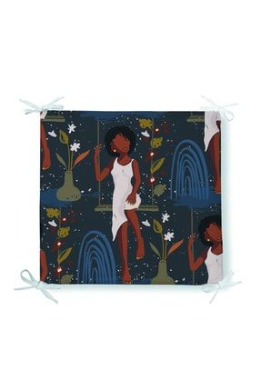 Salıncakta Sallanan Siyahi Kadın Ve Gece Temalı Yaprak Ve Bitki Tasarımlı Fermuarlı Sandalye Minderi Rh-Frm6212
