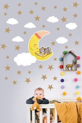 Çocuk Bebek Odası Ay Dede Ve Bulutlar Duvar Sticker Seti + 100 Adet Altın Yıldız Duvar Sticker aysticker-3