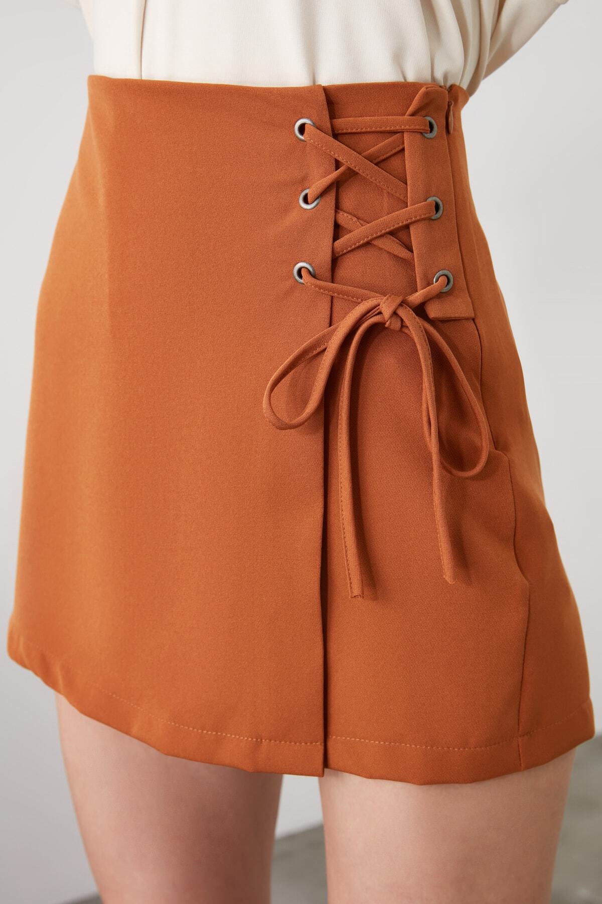 Trendyol Collection-Camel Binding és Eyelet részletesen szövött rövidnadrág szoknya TWOAW21SR0038 2