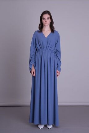 Kadın Mavi V Yaka Uzun Kumaş Elbise M9KMEA0551XLO