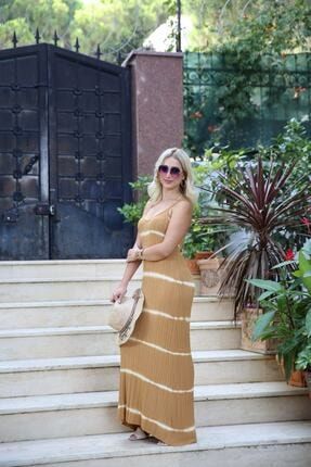 Kadın Sarı Çapraz Askılı Uzun Elbise ELLA BATİK ÖRME ELBİSE