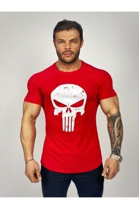 Erkek Kırmızı Punisher Fitness T-Shirt BLCK145375