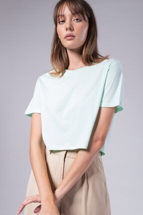 Kadın Mint Yeşili Boyfriend Crop Tişört M202