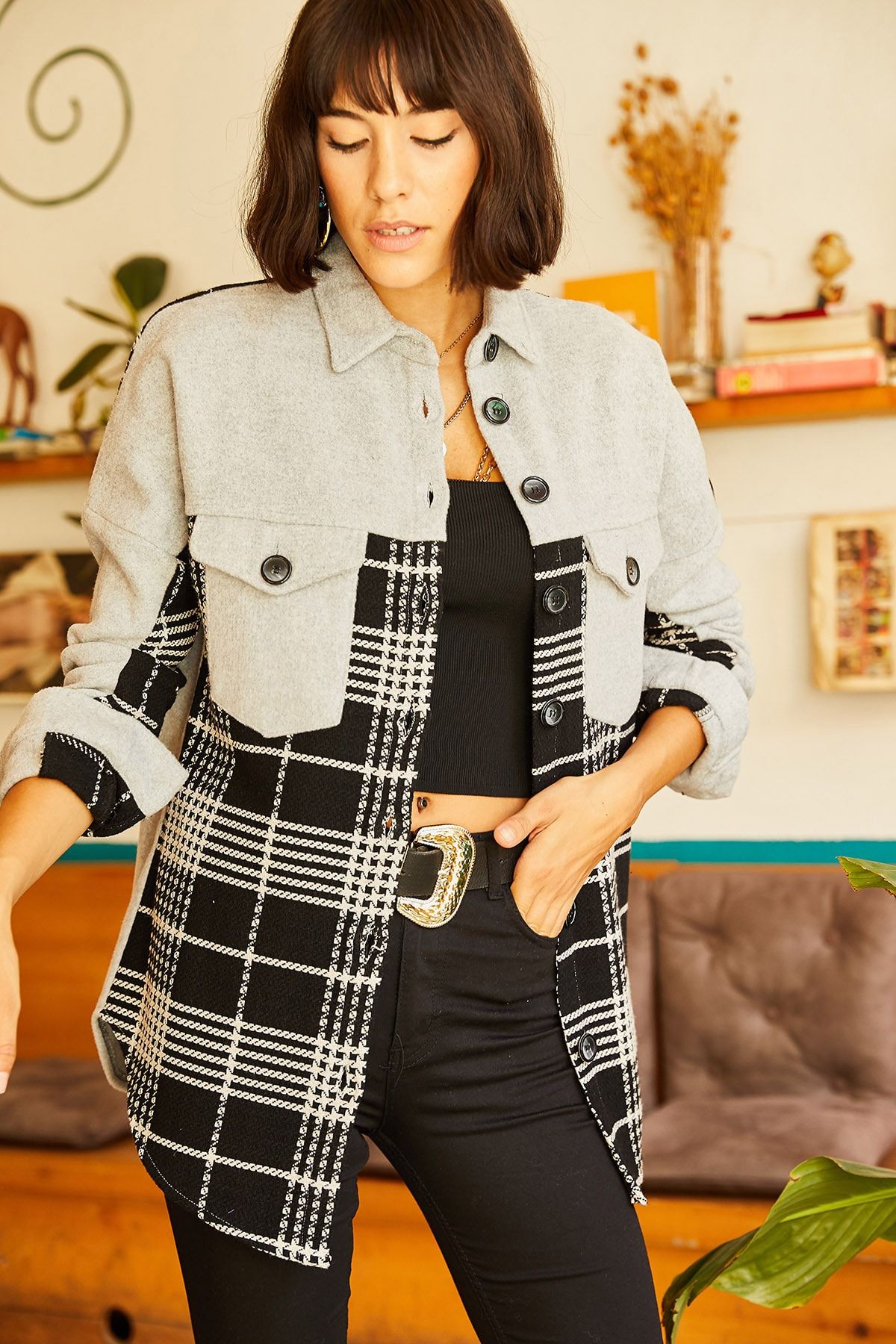 Olalook-Graue Hemdjacke mit Farbblock und Prägung für Damen CKT-19000224 4