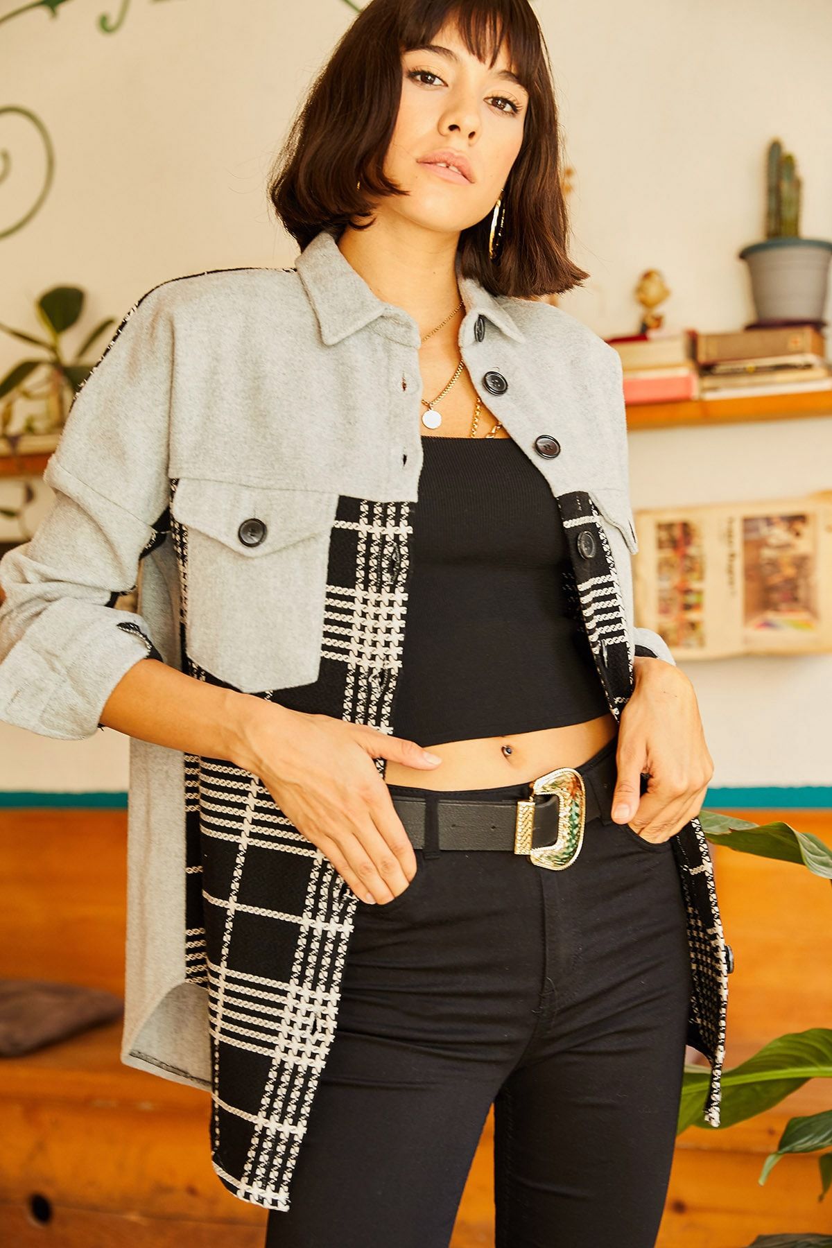 Olalook-Graue Hemdjacke mit Farbblock und Prägung für Damen CKT-19000224 6
