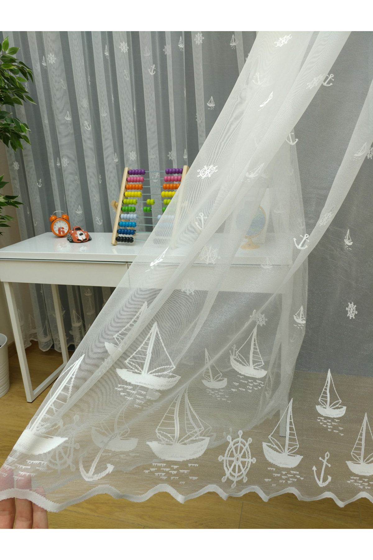 Esse Home Perdele Din Tul Pentru Cameră Pentru Copii Cu Model Ancoră Barca Cu Pânze, 150x250, Pliu Normal, 1/2,5 - 100 x 250