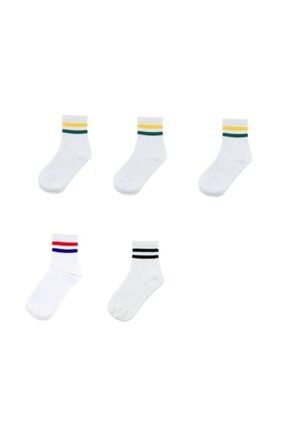 Kadın 5 Çift Karışık Renkli Çizgili Kolej Tenis Çorabı-17 Çrmnya-TRY0117