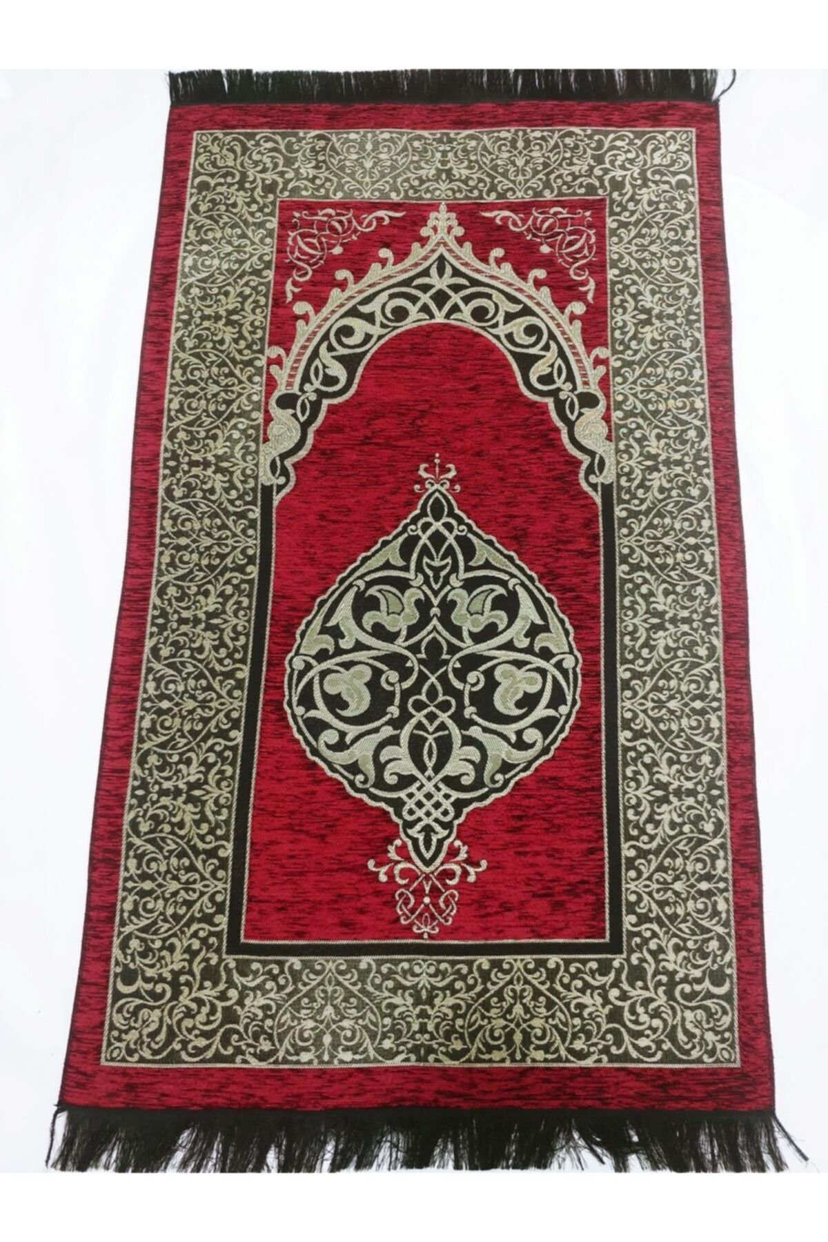 İSTANBUL HAC-Red Ottoman Chenille Luxury Prayer Rug + Rosary 2