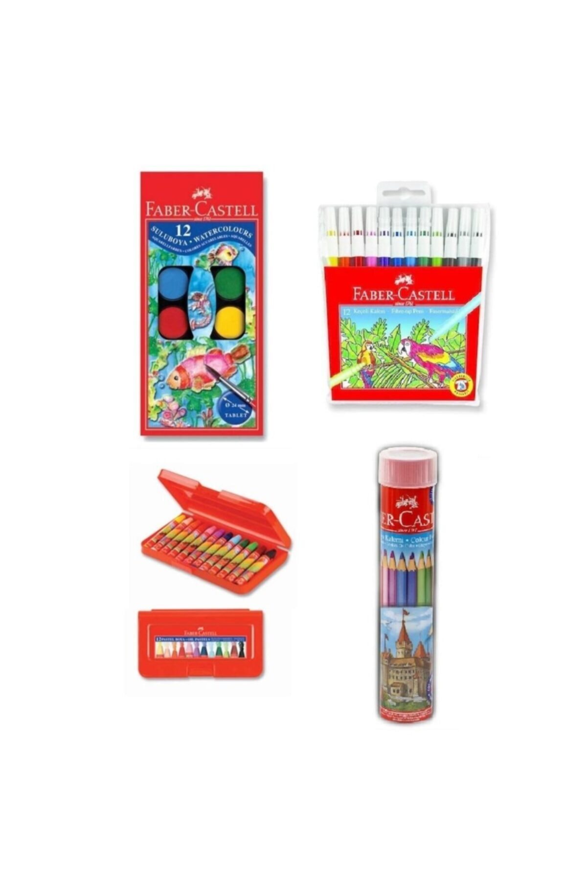 Faber Castell 4 Lü Boyama Seti 12 Li Çantalı Pastel+Sulu+Tüp Kuru