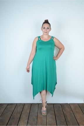 Kadın, Askılı, Toka Detaylı, Asimetrik Kesim, Yeşil Renkli Büyük Beden Elbise MGSTOKA01