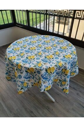 Limon Çiçeği Desenli Mavi Kurdeleli Keten Kare Masa Örtüsü 140x140cm DD1127