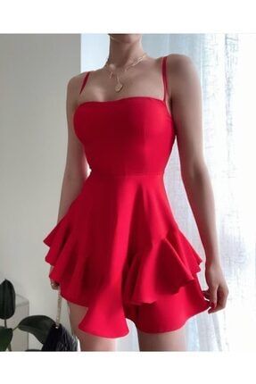 Kadın Kırmızı Askılı Mini Prenses Elbise 6446