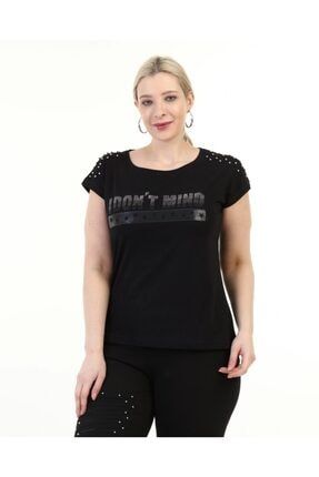 Kadın Siyah Büyük Beden Taşlı T-shirt SW2100