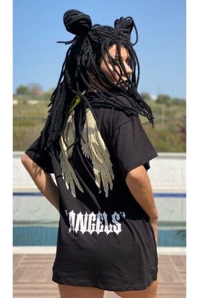 Kadın Siyah Angels Baskılı Oversize Tshirt TSHRT0001