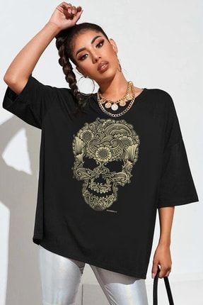 Kadın Siyah Dövme Kurukafa Oversize Kısa Kollu T-shirt 1M1XW316AS