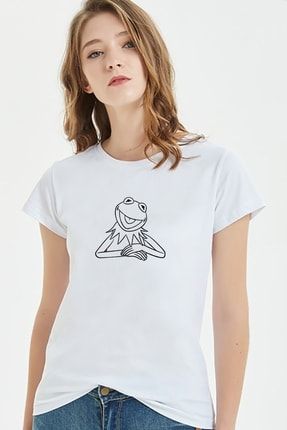 The Frog Kurbağa Kermit Baskılı Beyaz Kadın Örme Tshirt T-shirt Tişört T Shirt BGA2675KDNTS