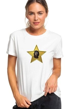 Kadın Beyaz Che Guevara Yıldız Che Baskılı Örme Tişört BGA1820KDNTS