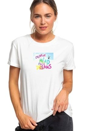 Kadın Beyaz Coldplay A Head Full Of Dreams Baskılı Örme T-Shirt BGA1835KDNTS