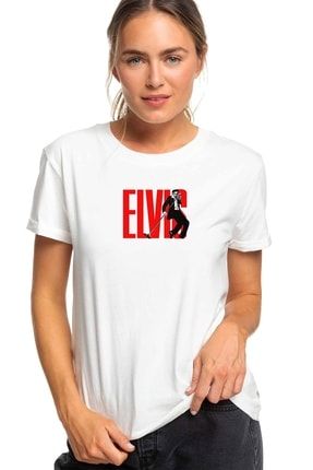 Kadın Beyaz Elvis Presley The Legend Metal Rock Baskılı T-shirt BGA1910KDNTS